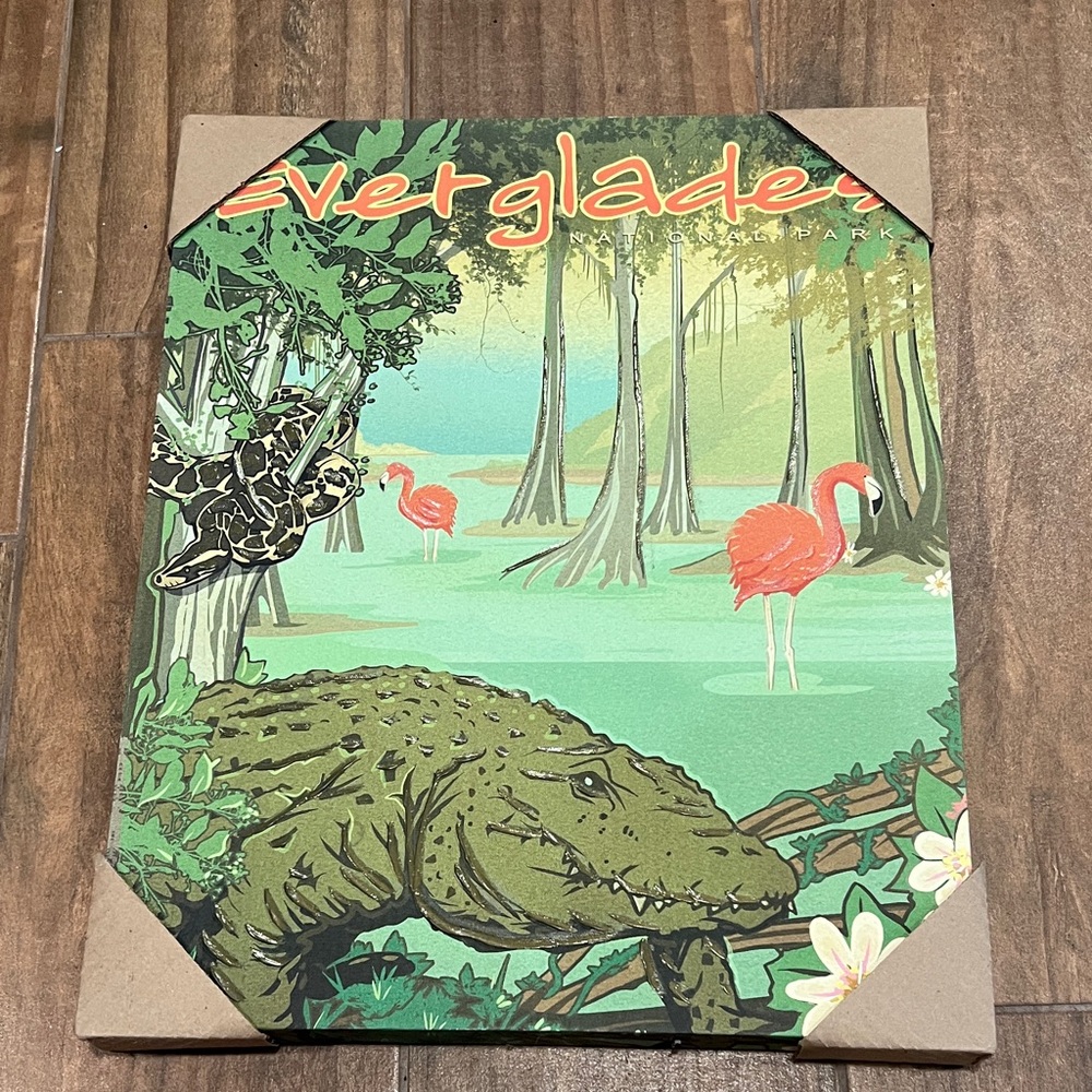 Everglades Illustrated Wall Art - Flamingo & Alligator Print 16 by 20 in